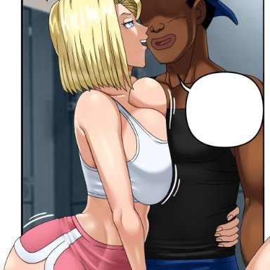 dragon ball, dragon ball super, android 18, pinkpawg, african male, blonde hair, blue eyes, bmwf, breast press, breast squeeze, cheating wife, clothed, dark-skinned male, faceless character, faceless male