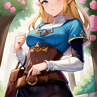 breath of the wild, the legend of zelda, princess zelda, zelda (breath of the wild), nagual-ui, ai assistedart, black pants, blonde hair, blue eyes, blue shirt, brown corset, corset, flower, pants, pouch