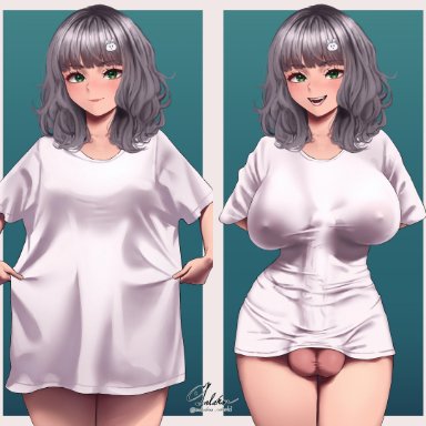 sabakan oekaki, 1futa, areolae, balls, bangs, bottomless, breasts, clothed, clothing, erection, futa only, futanari, grey hair, huge cock, human