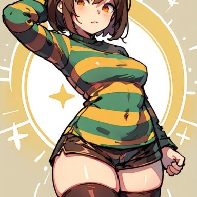 undertale, undertale (series), chara, chara (undertale), female chara (undertale), pixai, 1girls, arm behind head, breasts, brown eyes, brown hair, brown shorts, clenched hand, female, female only