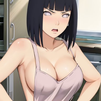 boruto: naruto next generations, naruto, hyuuga hinata, msg ai, angry, big breasts, blue eyes, breasts, cleavage, female, female only, half-dressed, hand on hip, hourglass figure, kitchen