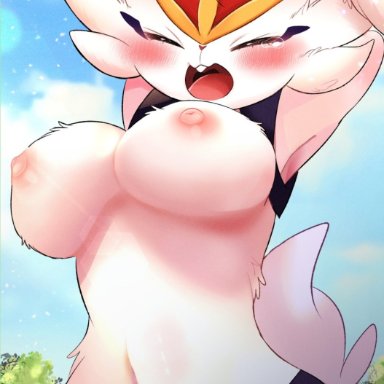 nintendo, pokemon, cinderace, female cinderace, pok&#233;mon (species), prrrrrrmine, 1girls, anthro, arms up, big breasts, breasts, bunny ears, bunny girl, bunny tail, crying