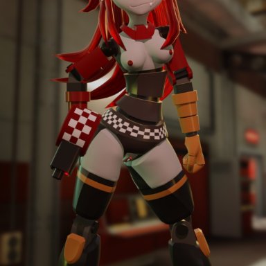 team fortress 2, mimi sentry, sentry (team fortress 2), theheretek, 1girls, breasts, erect nipples, horny female, humanoid, looking at viewer, multicolored eyes, no panties, red hair, robot girl, skirt