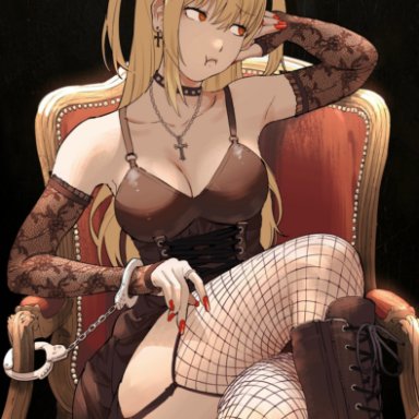 death note, misa amane, giganticbuddha, 1girls, arm up, bare shoulders, black dress, black legwear, blonde hair, boots, breasts, chair, choker, cleavage, corset