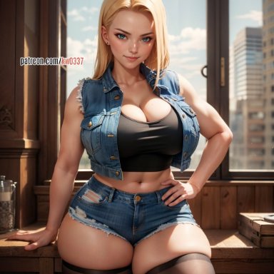 dragon ball, dragon ball super, dragon ball z, android 18, kw0337, stable diffusion, 1girls, android, big breasts, blonde hair, blue eyes, cleavage, denim skirt, female, huge breasts