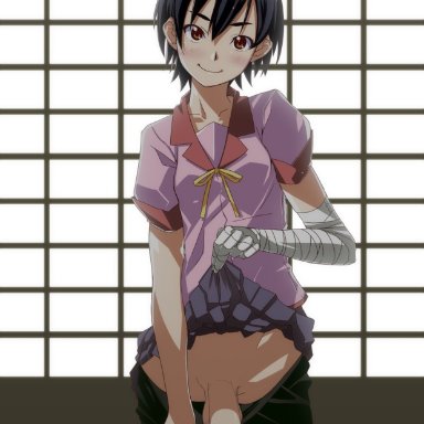 bakemonogatari, monogatari (series), kanbaru suruga, khexxi, yada ei, balls, bandage, bandaged arm, bandaged hand, bandages, big penis, bike shorts, bike shorts pull, black hair, breasts