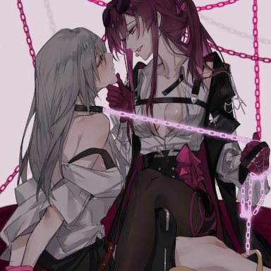 honkai: star rail, kafka (honkai: star rail), stelle (honkai: star rail), aoma, 2girls, bondage, chain leash, cleavage, collar, dominant female, female, female only, femdom, hand on chin, hands tied behind back