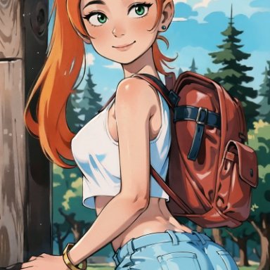 ben 10, gwen tennyson, nai diffusion, olroxai, stable diffusion, 1girls, aged up, alternate hairstyle, backpack, bare arms, bare shoulders, bracelet, clothing, cloud, cowboy shot