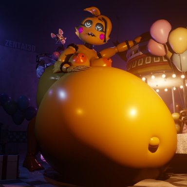 five nights at freddy's, five nights at freddy's 2, mangle (fnaf), toy chica (fnaf), zentaisfm, 1futa, 1girls, animatronic, areola, areolae, belly bulge, big breasts, breasts, chicken, cum