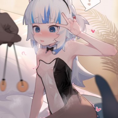 hololive, hololive english, gawr gura, ahedtra, armpits, bangs, bed, blue eyes, blue hair, bowtie, bunny ears, bunnysuit, erect nipples under clothes, fish girl, fishnets