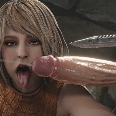 capcom, resident evil, resident evil 4, resident evil 4 remake, ashley graham, ashley graham (ella freya), leon scott kennedy, red lj, 1boy, 1girls, after fellatio, after oral, american, aqua eyes, blonde hair