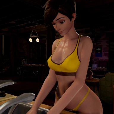 overwatch, tracer, tracer (overwatch), ehhypnohub, ass, breasts, brown hair, cleavage, clothed, clothed exposure, dazed, earrings, erect nipples, expressionless, female only