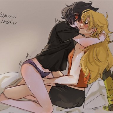 rooster teeth, rwby, blake belladonna, faunus, yang xiao long, naizo (kimosugimasu), 2girls, ahoge, belly button, black hair, black shirt, blonde hair, blush, blush lines, bob cut