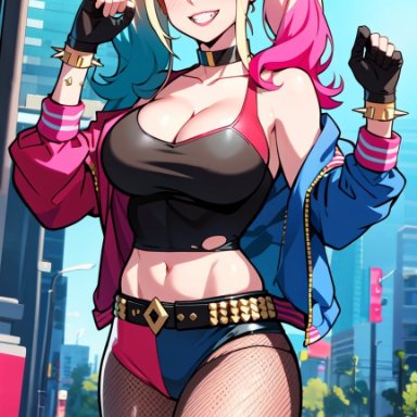 dc, dc comics, harley quinn, pikkiwynn, belt, blonde hair, blue eyes, blush, bracelet, breasts, choker, cleavage, crop top, female, fingerless gloves