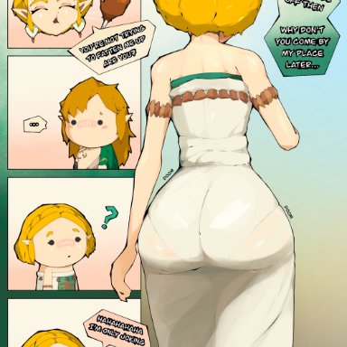 nintendo, tears of the kingdom, the legend of zelda, link, princess zelda, zelda (tears of the kingdom), sussysomi, 1boy, 1girls, ass, ass focus, back view, big ass, blonde hair, bottom heavy