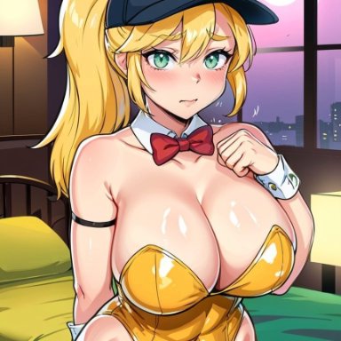 five nights at freddy's, fnaf, vanessa (fnaf), pikkiwynn, animal ears, bare shoulders, baseball cap, bed, blonde hair, blush, bow, bowtie, breasts, cameltoe, cleavage