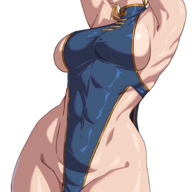 capcom, street fighter, chun-li, alecto 0, 1girls, arms up, black thighhighs, brown hair, chinese clothes, dress, earrings, female, female only, hair bun, looking at viewer