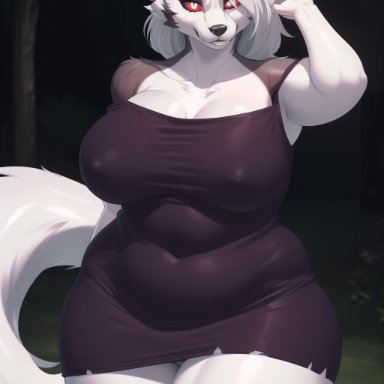 helluva boss, vivienne medrano, loona (helluva boss), stable diffusion, wgenjoyr4539, anthro, bbw, big breasts, black dress, canid, canid demon, canine, canine humanoid, canis, chubby