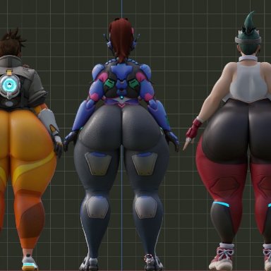 blizzard entertainment, overwatch, d.va, hana song, kiriko (overwatch), lena oxton, tracer, coolmaster98, 3girls, ass, ass focus, bbw, behind view, big ass, big breasts