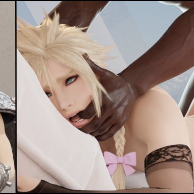 final fantasy, cloud strife, kaylzara, 2boys, ahe gao, anal sex, ass, bed, bed sheet, bedroom, before and after, before sex, big butt, blonde hair, bow