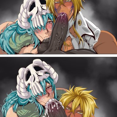 bleach, arrancar, espada, nelliel tu odelschwanck, tia harribel, kimkun0162, 1boy, 2girls, :&gt;=, ball sucking, big ass, big breasts, big butt, big penis, blonde female