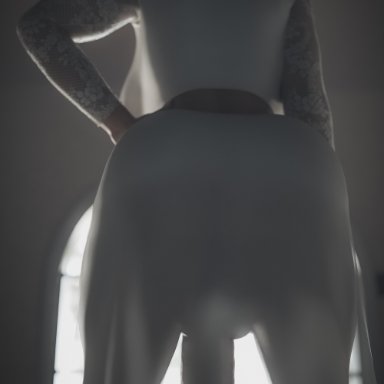 the witcher (series), triss merigold, stevencarson, 1futa, backboob, big breasts, big penis, breasts, clothed, flaccid, from behind, futa only, futanari, hourglass figure, huge ass