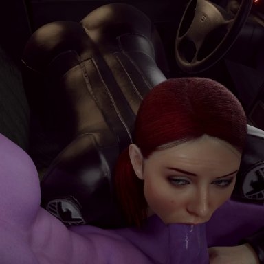 marvel, marvel cinematic universe, black widow (marvel), natasha romanoff, scarlett johansson, thanos, kassioppiava, x3d, blowjob, blue eyes, bodysuit, clothed, clothed sex, clothing, deepthroat