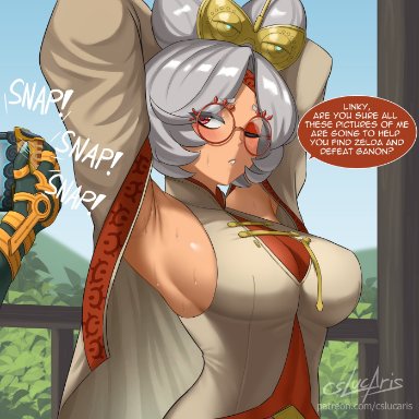 tears of the kingdom, the legend of zelda, link, purah, cslucaris, armpit fetish, armpits, arms above head, eyeshadow, glasses, purah pad, red eyes, sweat, taking picture, white hair