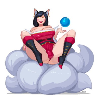 league of legends, ahri, magnetus, 1futa, animal ears, balls, big breasts, black hair, breasts, bulge, clothed, clothing, erection under clothes, flaccid, fully clothed