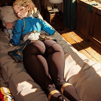 breath of the wild, the legend of zelda, princess zelda, 1girl, 1girls, ass, ass focus, bed, big ass, blonde female, blonde hair, blush, boots, closed eyes, clothed