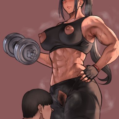 original, pepe (jonasan), 1boy, 1girls, abs, adult, annoyed, armpits, big breasts, black hair, black pubic hair, blush, brown eyes, crotch cutout, dumbbell