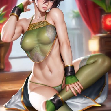 avatar the last airbender, toph bei fong, neoartcore, 1girls, abs, aged up, ankle cuffs, areolae, asian, athletic female, barefoot, black hair, blind, completely nude, crossed legs