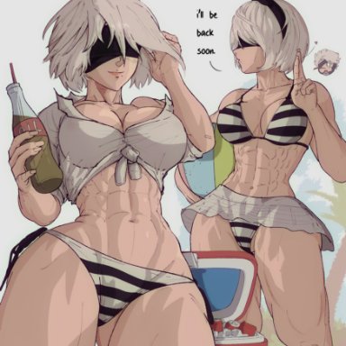 metal gear, metal gear rising, nier, nier: automata, raiden (metal gear), yorha 2b, yoracrab, 1girls, abs, alternate costume, blindfold, blush, breasts, chibi, cleavage