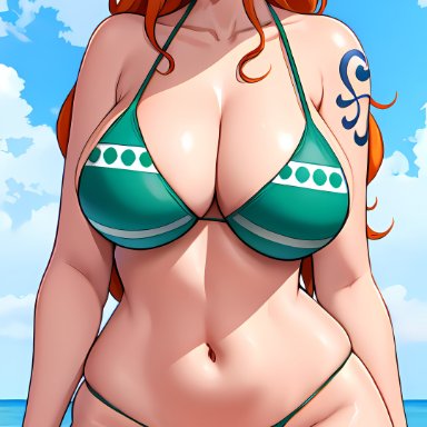 one piece, nami, nami (one piece), stable diffusion, bikini, bikini bottom, blue sky, breasts, closed mouth, cloud, curvy, day, female, green bikini, large breasts