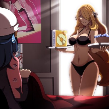 game freak, pokemon, pokemon dppt, cynthia (pokemon), dawn (pokemon), vivivoovoo, 2girls, age difference, backlighting, black bra, black panties, bra, breasts, cleavage, cowboy shot