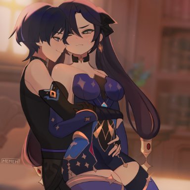 genshin impact, mona (genshin impact), scaramouche (genshin impact), memeh, 1boy, 1girls, arm around waist, ass on crotch, bare shoulders, female, hugging from behind, long hair, male, thick thighs, thighs