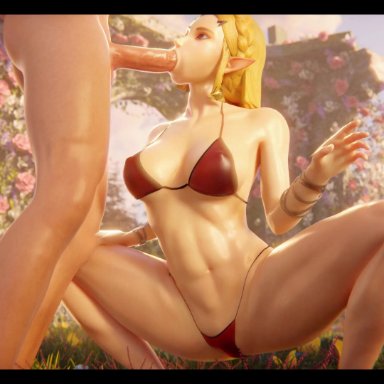 breath of the wild, nintendo, tears of the kingdom, the legend of zelda, princess zelda, zelda (breath of the wild), zelda (tears of the kingdom), nsfwmegaera, 1boy, abs, bikini, blonde hair, breasts, crouching, earrings