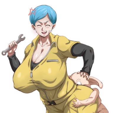 dragon ball, dragon ball super, dragon ball super super hero, bulma briefs, oolong, dratvan, angry, angry face, big breast, big breasts, blue body, breast, breasts, breasts bigger than head, bursting breasts