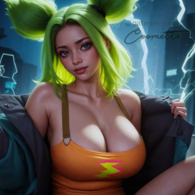 league of legends, riot games, zeri (league of legends), coomette, stable diffusion, 1girls, big breasts, breasts, cleavage, female, green eyes, green hair, huge breasts, solo, solo female