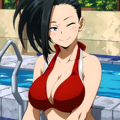 my hero academia, momo yaoyorozu, yaoyorozu momo, cookiefudge, stable diffusion, 1girls, bikini, bikini top, black hair, blush, breasts, busty, cleavage, female, female only