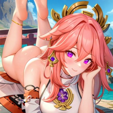 genshin impact, yae miko, sensualdiffusion, 1girls, anklet, ass, barefoot, feet, pink hair, purple eyes, smile, soles, toe ring, ai generated