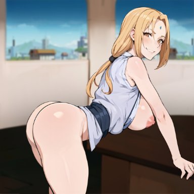 naruto, naruto (series), tsunade, kisou, ass, bent over, blonde hair, blurry, blurry background, blush, bottomless, breasts, breasts out, cloud, day