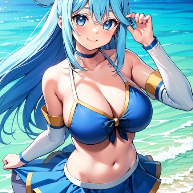 aqua (konosuba), pikkiwynn, bangs, bare shoulders, beach, bikini, blue bikini, blue choker, blue eyes, blue hair, blue skirt, blue sky, blush, breasts, choker