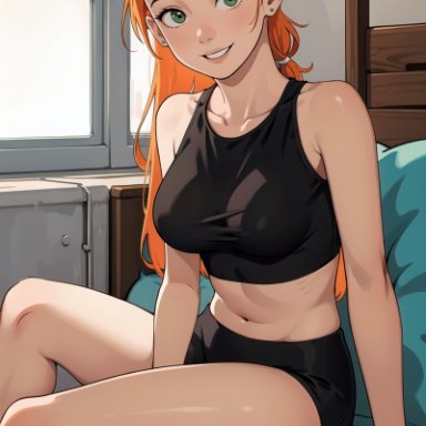 ben 10, cartoon network, gwen tennyson, olroxai, stable diffusion, 1girls, aged up, alternate costume, bare shoulders, bare thighs, breasts, green eyes, gym clothes, human, midriff