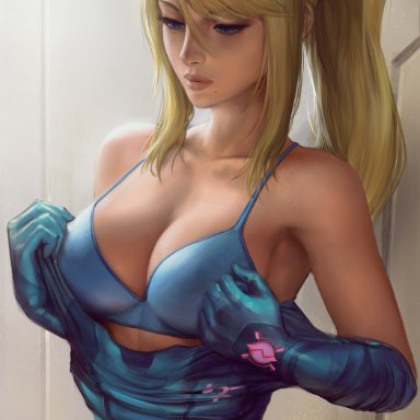 metroid, nintendo, samus aran, zero suit samus, mirco cabbia, sciamano240, blonde hair, blue bra, bra, breasts, cleavage, fit female, hair tie, latex suit, long hair