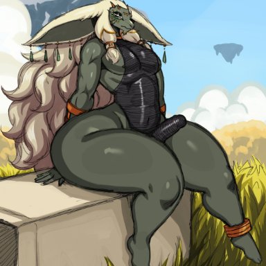 tears of the kingdom, the legend of zelda, rauru (tears of the kingdom), zonai, sssonic2, 1boy, anthro, ass, big ass, bubble butt, clothing, erection under clothes, fat ass, femboy, grass