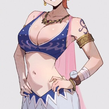 one piece, nami, sooon, arabian clothes, belly dancer, belly dancer outfit, blush, brown eyes, cleavage, hands on hips, harem girl, harem outfit, huge breasts, looking at viewer, necklace