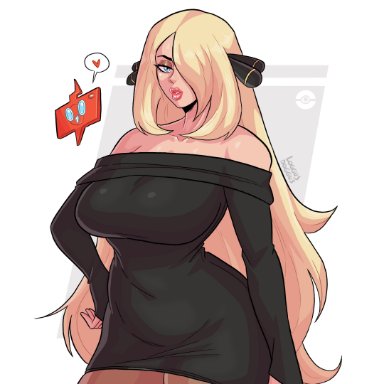 pokemon, cynthia (pokemon), rotom, rotom phone, loggus doggus, alternate costume, bimbo, blonde hair, dress, eyeshadow, goth, goth girl, hair ornament, juicy lips, large breasts