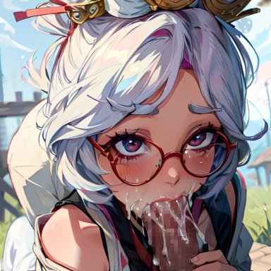 tears of the kingdom, the legend of zelda, purah, stable diffusion, blowjob, cum in mouth, glasses, sucking, tongue out, unseen male face, white hair, ai generated, mosaic censoring, tagme