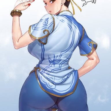 capcom, street fighter, street fighter 6, chun-li, gonster, 1girls, ass, blush, bracelet, breasts, brown eyes, brown hair, cameltoe, china dress, chinese clothes